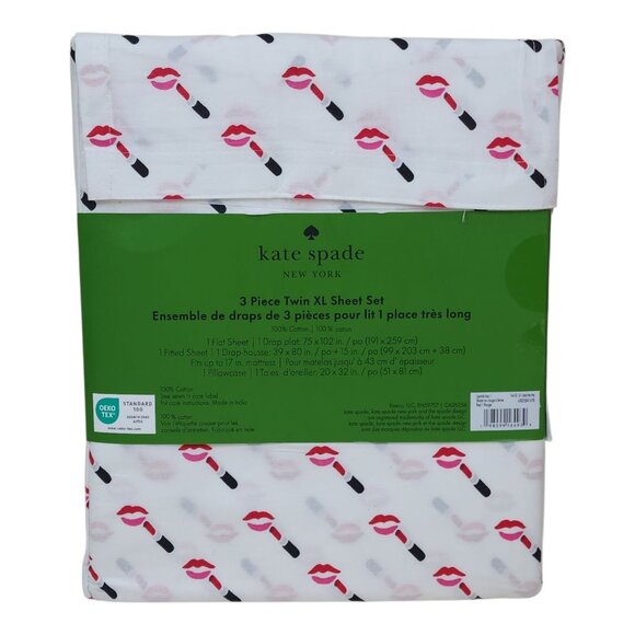 3-pc Kate Spade Twin XL RED LIPSTICK Sheet Set 100% Cotton LIPS - Picture 4 of 4